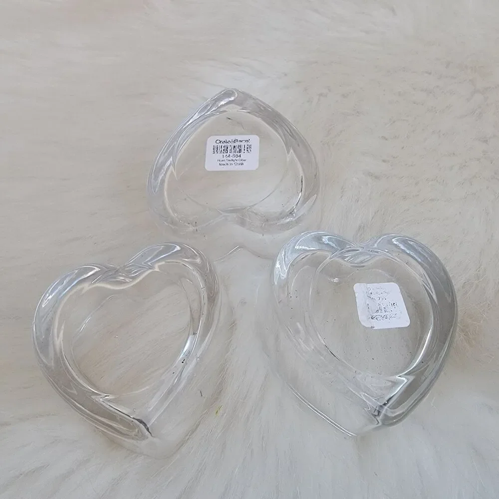 3 Crate & Barrel heart-shaped glass votive Tea Light Candle holders Clear